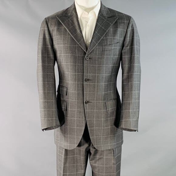 POLO by RALPH LAUREN 40 Regular Grey White Checkered Virgin Wool 3 Piece Suit - Picture 1 of 16